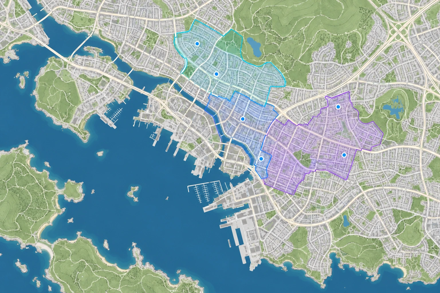 Conceptual coastal city map with neighbourhoods, waterways and green spaces